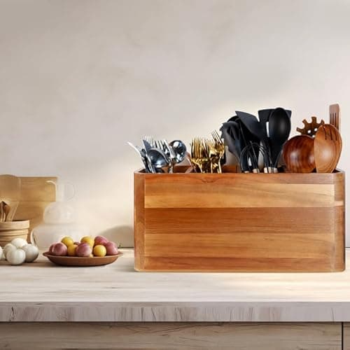 Wooden Kitchen Utensil Holder Organizer for Counter or Countertop, Large Wooden Utensil Holder for Storage Cooking and Silverware with 4 Compartment, Acacia Rustic Wood Container Extra Large 5