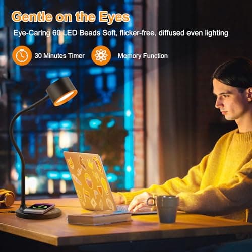 LED Desk Lamp with Wireless Charger, USB C + A Charging Ports, Eye-Caring Metal Bedside Lamp, 5 Colors Stepless Dimmable Reading Lamp, Touch Table Lamp Gooseneck Lamp for Home Office Dorm Black 7