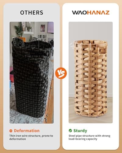 WAOHANAZ Rattan Umbrella Stand, Umbrella Holder for Entryway, Hand Woven Umbrella Rack Organizer Freestanding, with a Detachable Drip Tray, 4 Hooks, 7.5" L x 7.5" W x 16.5" H 7