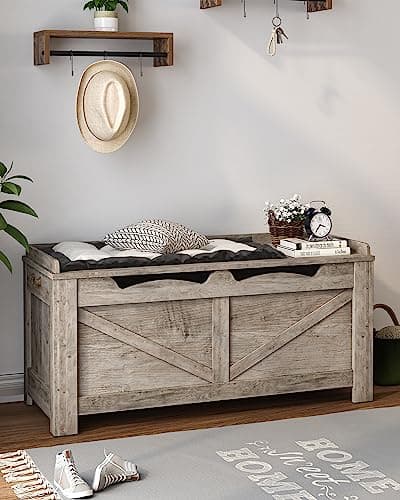 Hzuaneri 39.4" Storage Chest, Lift-Top Storage Trunk with 2 Hinges, Wooden Bench Box Chest Organizer for Bedroom, Entryway, Living Room, Greige SB04505X 8