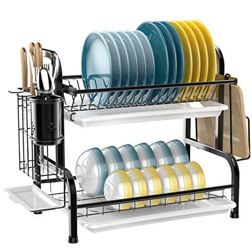 iSPECLE Dish Drying Rack with Drainboard - 304 Stainless Steel 2 Tier Dish Racks for Kitchen Counter, Dish Drainer with Tray, Stainless Steel Utensil Holder, Cutting Board Holder, Black