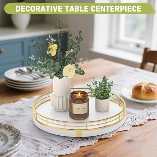 Round Wooden Decorative Tray for Coffee Table Kitchen Dining Table Decor - Rustic Farmhouse Wood Centerpiece Display Tray for Living Room Decor, Perfume, Plant,Bathroom Accessories (10" White Gold) 3