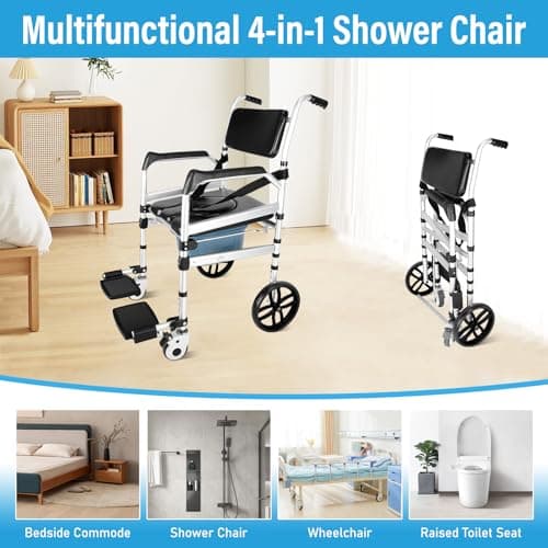 Jhkopqe Shower Chair with Wheels, 4 in 1 Bedside Commode Chair with Padded Seat & Flip-Up Removable Footrests Folding Commode Wheelchair Waterproof Rolling Shower Chair for Disabled Elderly Adult 6