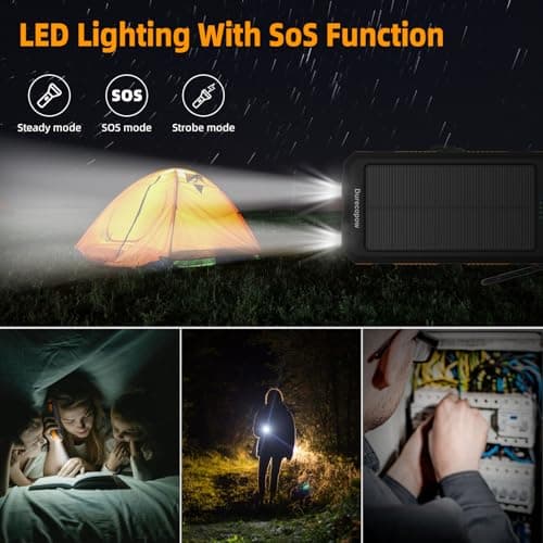 Durecopow Solar Charger Power Bank 20,000mAh, Portable Charger, 4 Cables 3 Ports Fast Charging External Battery Pack with USB C for Cell Phones, Solar Panel Charger with Dual Flashlight for Camping 5