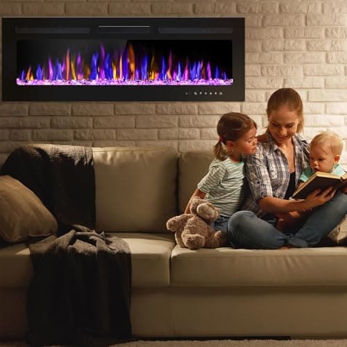 BETELNUT 50" Electric Fireplace Wall Mounted and Recessed with Remote Control, 750/1500W Ultra-Thin Wall Fireplace Heater W/Timer Adjustable Flame Color and Brightness, Log Set & Crystal Options 8