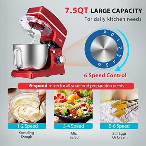 VIVOHOME 7.5 Quart Stand Mixer, 660W 6-Speed Tilt-Head Kitchen Electric Food Mixer with Beater, Dough Hook, Wire Whip, and Egg Separator, Red 5