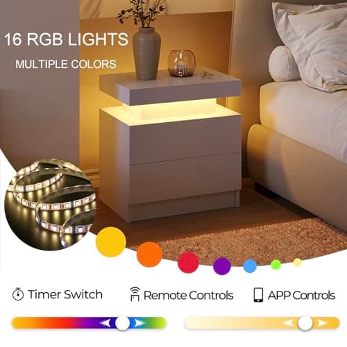 White LED Nightstand Modern Night Stand for Bedroom Bedside Table with 2 Wood Drawers End Side Table 5