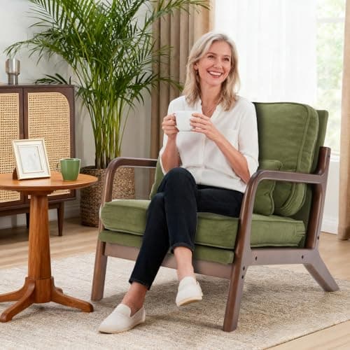 DUMOS Mid Century Accent Chair, Modern Living Room Chairs with Arms and Waist Cushion, Reading Chairs for Adults, Lounge Chair for Bedroom, Solid Wooden Frame, Classic Green 9