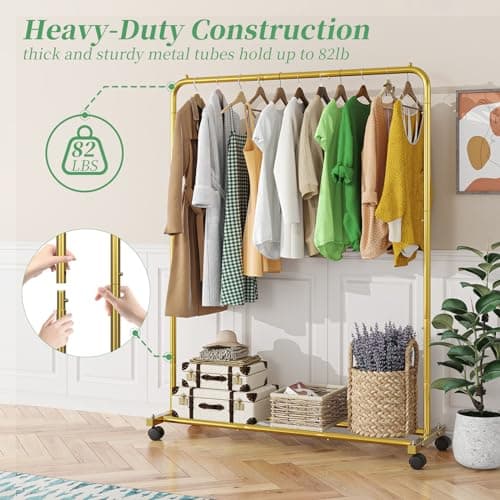 Simple Trending Standard Clothes Clothing Garment Rack with Storage Shelves, Rolling Clothes Organizer on Wheels for Hanging Clothes, Golden Yellow 6