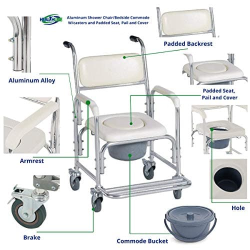 HEALTHLINE Shower Bedside Commode Chair Padded Seat With Wheels by Healthline, Medical Commode Toilet Rolling Shower Chair With Casters (4 Wheels Brakes), Commode Padded Backrest and Seat 6