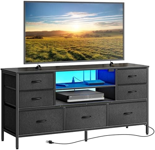 Huuger TV Stand Dresser with Power Outlets and LED Lights, 7 Drawer Console for 55 Inch TV, Black PU Leather Bedroom Dresser