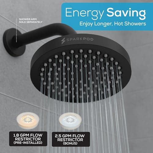 SparkPod Shower Head - High Pressure Rain - Premium Quality Luxury Design - Easy Clean Adjustable Replacement for Your Bathroom Shower Heads (Midnight Black Matte, 6 Inch Round) 6