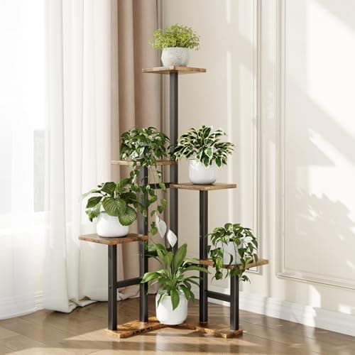 Yzosvki Corner Plant Stand Indoor, 6 Tiered Corner Plant Shelf Flower Stand for Multiple Plants, Plant Shelves Organizer Rack for Living Room, Balcony, Patio, Garden, Square Rustic Brown 7