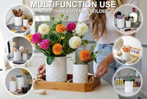 25DOL Large 7.3"+5.4" Engraved Ceramic Utensil Holder for Countertop, Cooking Utensils Organizer for Spatula, Large Utensils Crock for Kitchen Counter, Kitchen Decor, set of 2, White 5