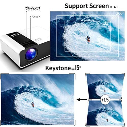 GRC Mini Projector, 1080P HD Supported Portable Movie Projector with 45000 Hrs LED Lamp Life, Compatible with TV Stick Video Game HDMI USB AV DVD for Multimedia Home Theater, Projector for outdoor 6