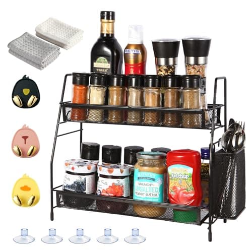 Spice Rack Organizer for Kitchen Counter Shelf with Small Basket,Countertop Organizer for Bathroom Counter, The Organizer for Bedroom,Contains Hooks, Cleaning Cloths,Suction Cup Feet Mats (Black)