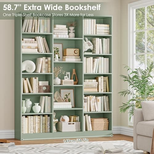 FACBOTALL Triple Wide Bookshelf, 6 Tier Large Bookshelf, Bookcase with 17 Open Display Shelves, 74'' Tall Bookcases and Bookshelves for Living Room, Home Office, Library, Green 5