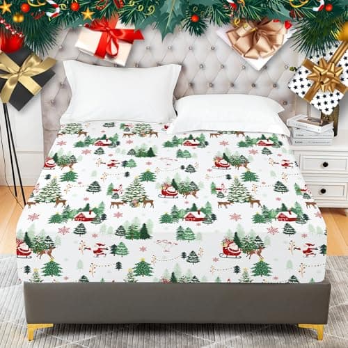 YIYEA Christmas Fitted Sheet Only, Premium Double Brushed Microfiber Deep Pocket Fitted Sheet Twin Size, Ultra Soft Fitted Bottom Sheet, Shrinkage, Fade Resistant, Twin