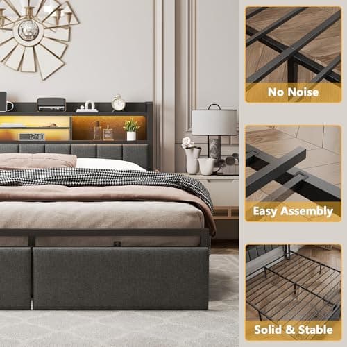 Furnulem Queen Bed Frame with Storage Drawers, Upholstered Headboard with LED Light & Charging Station, Metal Platform Bed Frame Queen Size, Noise Free, No Box Spring Needed, Black (1200 lbs Capacity) 8