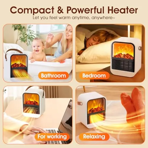 ZJFLNZYC Portable Mini Electric Fireplace Heater,Small Room Space Heaters for Indoor Use with 3D Flames,PTC Ceramic Heater, Desk Space Heater for Bedroom,Bathroom and Office Quiet Small(White) 5