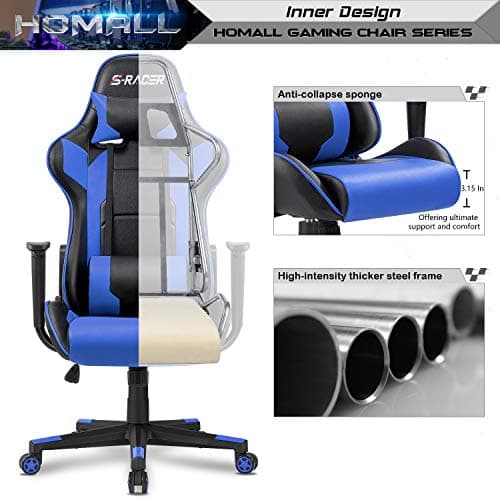 Homall Gaming Chair, Office Chair High Back Computer Chair Leather Desk Chair Racing Executive Ergonomic Adjustable Swivel Task Chair with Headrest and Lumbar Support(Blue) 5