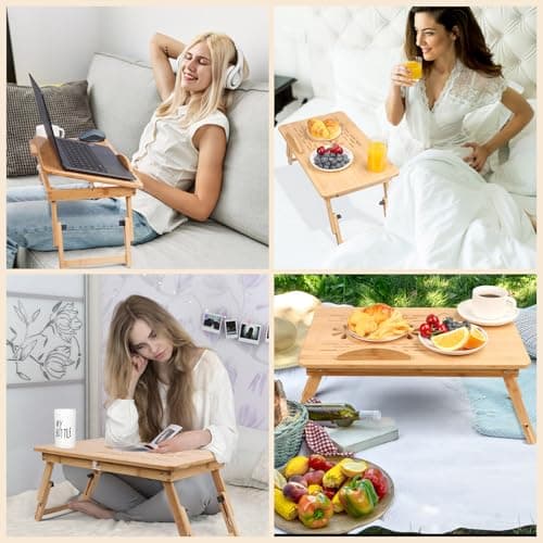JELNER Adjustable Bamboo Laptop Desk with Cooling Fan, Foldable Bed Tray for Breakfast, Writing, and Drawing, with Tilting Top and Drawer, Portable Lap Desk for Bed, Sofa, and Floor. 6