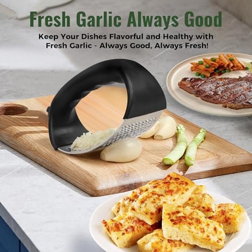 Pomyter Garlic Press Rocker, Stainless Steel Garlic Mincer and Garlic Crusher, Easy-Squeeze Garlic Tool with Peeler and Cleaning Brush for Smashing Garlic 5