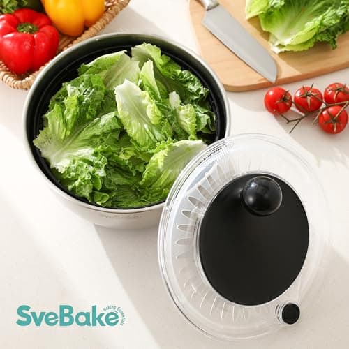 SveBake 5.3Qt Stainless Steel Salad Spinner with Stop Button, BPA-Free Vegetable Lettuce Spinner, Transparent Lid & Drainage Hole, Non-Slip Base, Dishwasher Safe Fruit Washer 6