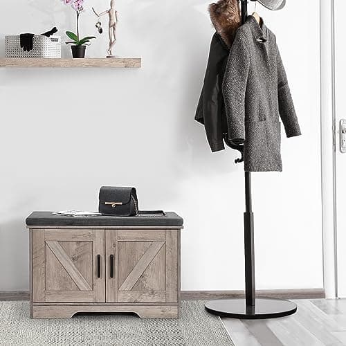 HOMSHO 2-Tier Storage Bench, 27.6" Wide Shoe Bench with Padded Seat Cushion, Entryway Bench with 2 Barn Doors and Adjustable Shelf, Greige 8