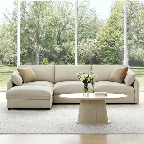 KISLOT 113" Cloud Sectional Couches for Living Room,L Shaped Oversized Modular Modern Linen Sofa with 1 Movable Ottoman,4 Deep Seat with 2 Throw Pillows,Sand