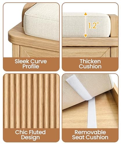 Akxomel Fluted Shoe Storage Bench with Cushion, 39.4" Entryway Bench with Adjustable Shelves and 2 Doors, Shoe Cabinet Bench with Curved Profile, for Hallway, Living Room, Bedroom, Natural Oak 5