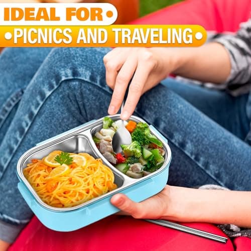 Tiffin Lunch Box – Insulated Lunch Containers with 48.5-Oz Capacity, Stainless Steel & Plastic, 2 Compartments – Insulated Bento Box for Office, Picnic & Daily Meals, Spoon & Chopsticks Included 8