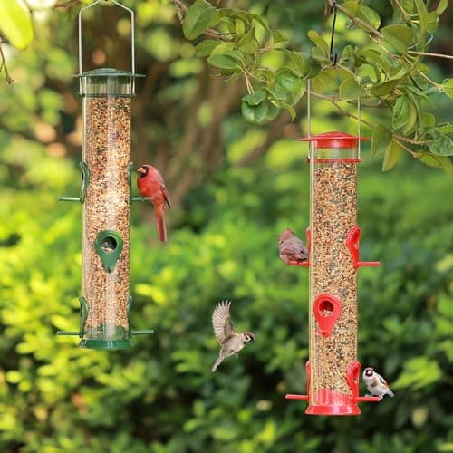 2 Packs Bird Feeder Tube Hanging Feeders, 6 Port Wild Bird Feeders Premium Hard Plastic with Steel Hanger Weatherproof and Water Resistant Great for Attracting Birds 18.2 Inches Large (Red + Green) 7