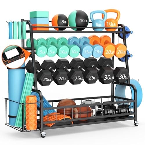 skypelia XL Dumbbell Rack Weight Stand - Adjustable Weight Rack for Dumbbells, Home Gym Storage Rack for Kettlebell, Balls,Yoga Mat Storage Holder, Workout Equipment Storage Organizer with Wheels