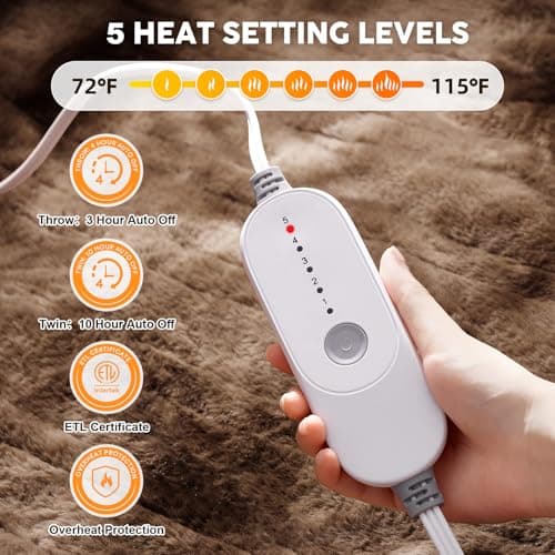 HYLEORY Faux Fur Heated Throw Blanket Electric - Soft Thick Flannel Heating Blanket with 5 Heat Levels & Auto-Off 3 Hrs, Fluffy Cozy Warm Bed Blankets for Christams Winter Office, Brown 2