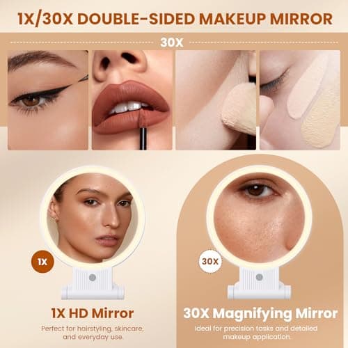 tubbede 1X/30X Lighted Makeup Mirror with Magnification, Double-Sided Switch, 3-Color Lights, 2000mAh Rechargeable, Adjustable Brightness, Swivel Makeup Mirror with Lights for Vanity or Wall Use 2