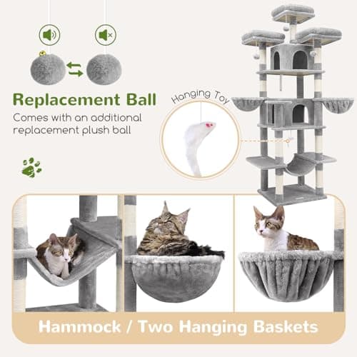 Globlazer Big Cat Tower for Indoor Cats, 80inch Cat Tower for Multiple Adult Cats XXL Cat Tree with Scratching Post, Hammock, 3 Perches, 2 Condos, 2 Hanging Basket, F80, Light Grey 5