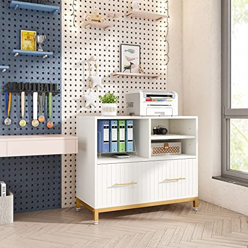 Tribesigns Lateral File Cabinet with Drawer, White Filing Cabinet for Letter/Legal/A4 Size Files, 35.4" Modern Wood File Storage Cabinets Printer Stand with Storage for Home, Office, White Gold 7