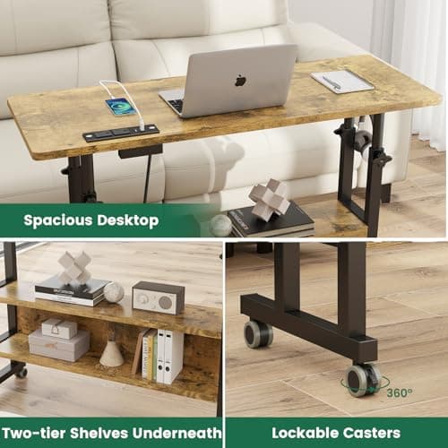 Hadulcet Small Standing Desk with Charging Station, Rolling Desk Adjustable Height, Mobile Laptop with Wheels, Portable Stand Up for Treadmill Walking Pad, 31.5 x 15.7 in, Rustic Brown 8