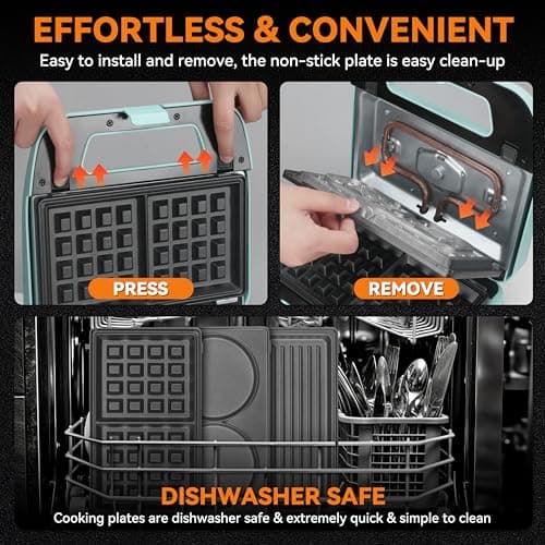 Baker’s Friend 3 in 1 Mini Waffle Maker with Removable Plates, Mini Pancake Maker, Grilled Cheese Maker, Breakfast Sandwich Maker Press, Indoor Grill, Belgian Waffle Maker, Aqua 4