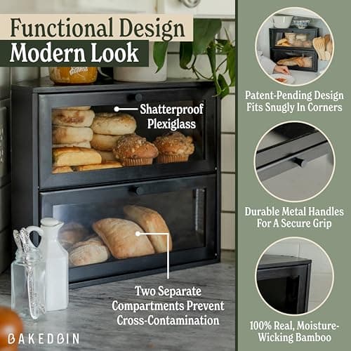 BakedBin Corner Bread Box for Kitchen Countertop - New 2026 Airtight Design - Extra Large, Double Layer Black BreadBox, Vintage Storage for Homemade Bread, Under Cabinet Organizer 4