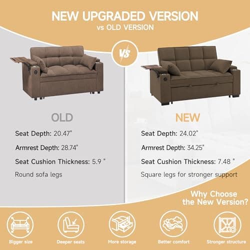 hansones 65'' 3-in-1 Folding Convertible Sofa Bed, Pullout Sofa, Modern Chenille Fabric, 360° Swivel Side Table, Easy Assembly, Perfect for Living Room(ZY-1107A-Brown) 6