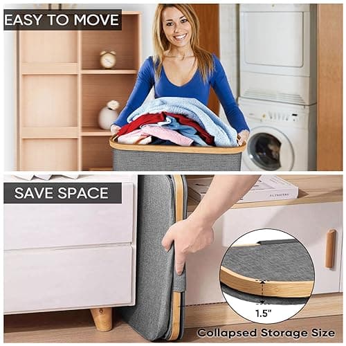 BALEINE Laundry Hamper with Lid, Tall Laundry Baskets with Bamboo Pull Handles, Large Laundry Bin with Internal Support (26 Gal/100L, Grey) 6