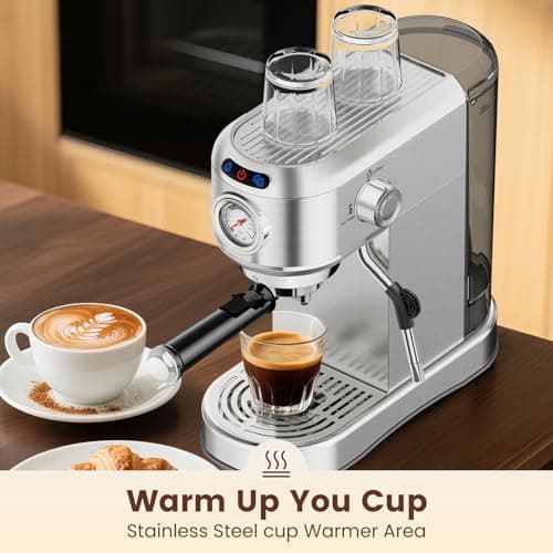 ANYCOLD Espresso Machine 20 Bar, Compact Espresso Maker, Stainless Steel Expresso Coffee Machines with Steam Milk Frother & 34oz Removable Water Tank for Cappuccino, Latte, Home Office Use, Silver 5