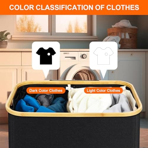 145L Large Laundry Hamper with Lid - 2 Section Laundry Basket with Removable Laundry Bag, Bamboo Handles, Collapsible, Sturdy, Hamper for Bedroom, Bathroom, Dorm, Laundry Room, Black 7