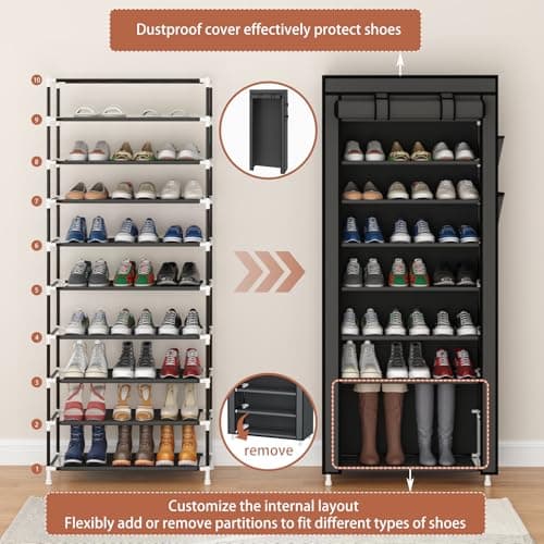 Calmootey 9 Tier Shoe Rack Organizer,Portable Shoe Shelf with Nonwoven Fabric Cover for Closet Hallway,Bedroom,Entryway,Grey 7