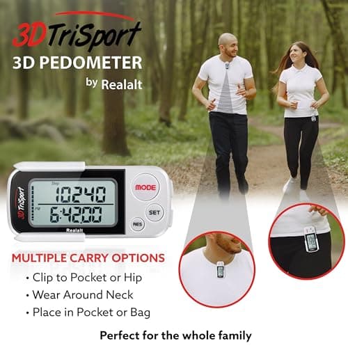 Realalt 3DTriSport 3D Walking Pedometer with Clip & Strap, Accurate Step Counter with 30-Day Memory, Distance in Miles/KM Large Display Perfect for Seniors & Beginners eBook Included - White 5