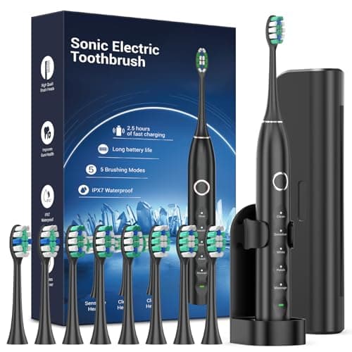 Rtauys S5 Upgraded Sonic Electric Toothbrush for Adults and Kids Ages 12+ with 8 Brush Heads, IPX7 Travel Toothbrush with Case, 2.5 Hours Charge for 120 Days, 5 Modes with Built-in Smart Timer Black