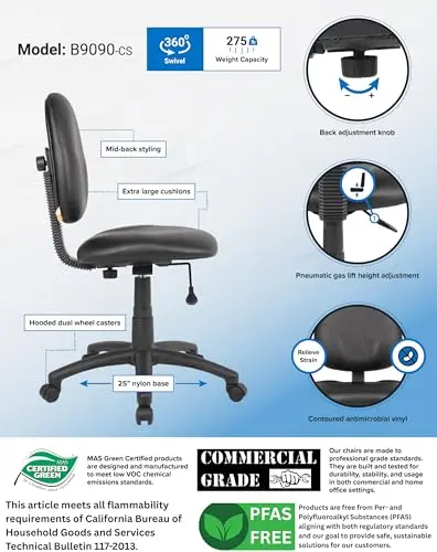 BOSS Office Products Dimond Task Chair Without Arms in Black, Mid-Back (B9090-CS) 3