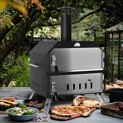15’’ Outdoor Pizza Oven Wood Fired Pizza Oven Portable Patio Ovens Included Pizza Stone, Pizza Peel, Fold-up Legs, Cover Cooking Rack for Camping Backyard BBQ 8